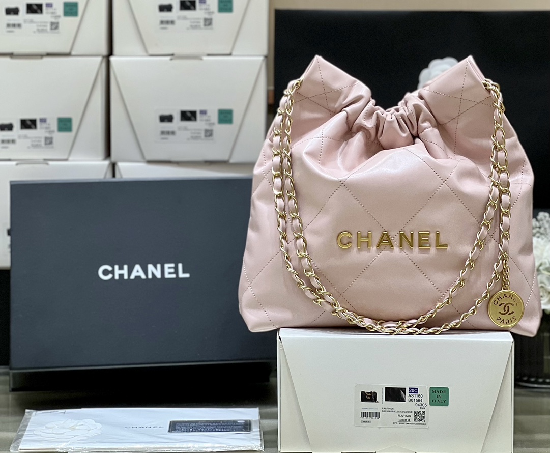 CHANEL 粉色菱格纹抽绳链条托特包