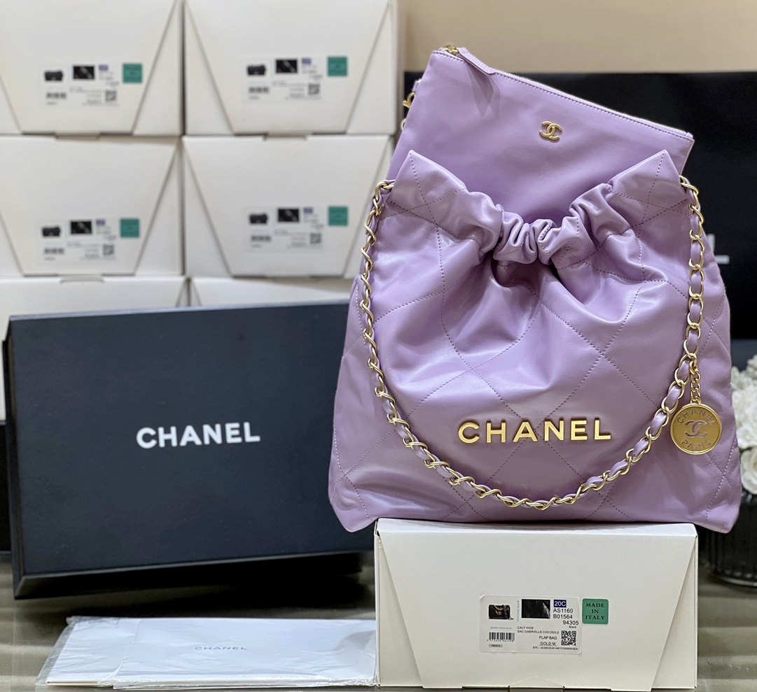 CHANEL香芋紫菱格纹22系列链条托特包