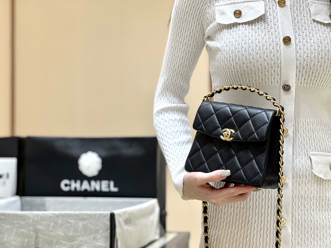 CHANEL香奈儿经典菱格纹黑金复古手柄链条斜挎包