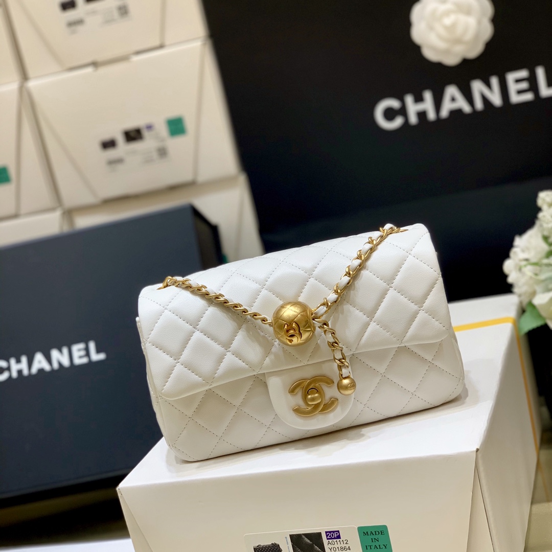 CHANEL香奈儿20P白色金珠调节链条菱格纹CF单肩斜挎包