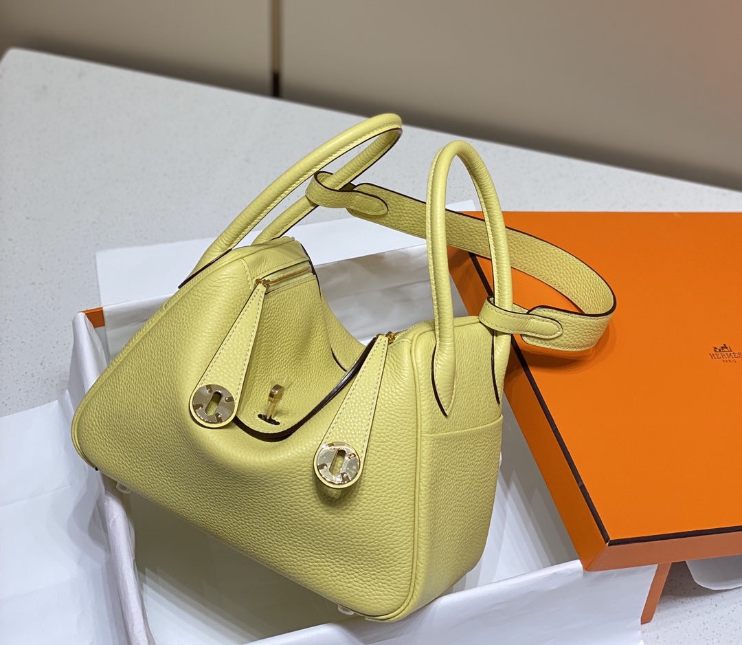 HERMES Lindy 柠檬黄荔枝纹手提斜挎女包