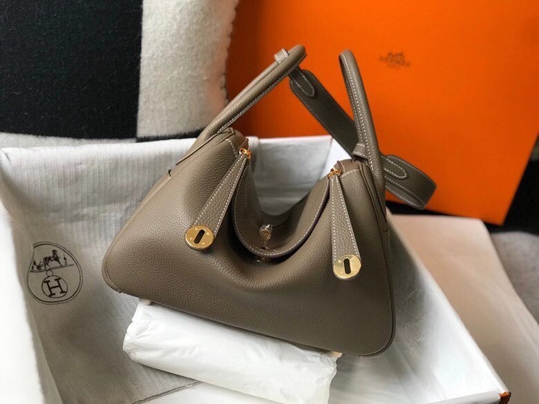 HERMES Lindy 大象灰金扣荔枝纹手提单肩包