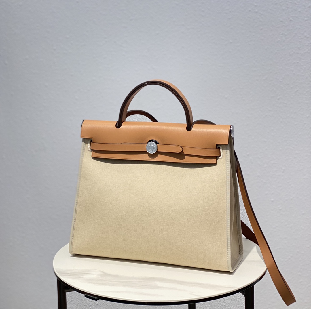 超A仿品 HERMES Herbag 帆布拼皮手提斜挎包