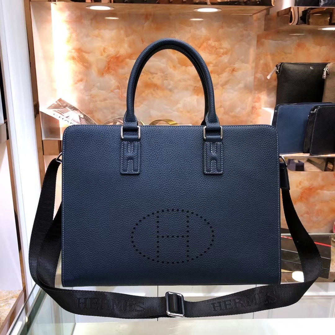 HERMES 镂空H纹藏蓝色真皮商务公文手提包