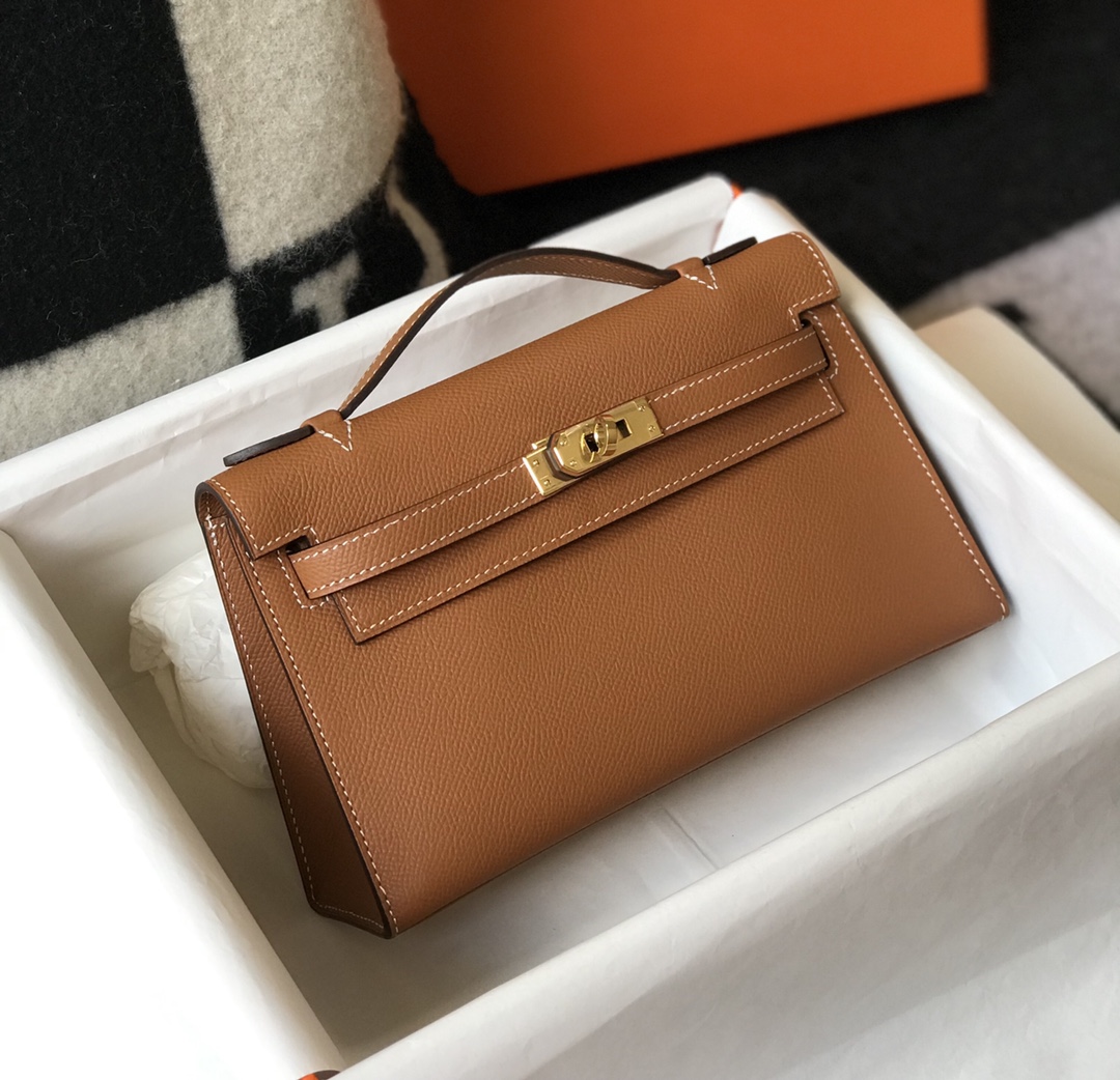 仿HERMES KELLY POCHETTE 金棕手掌纹真皮手提腋下包