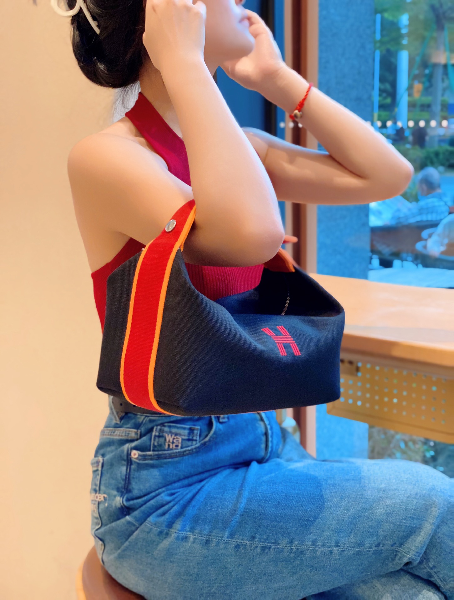 刺绣H标撞色帆布手提便当包（超A仿品箱包）